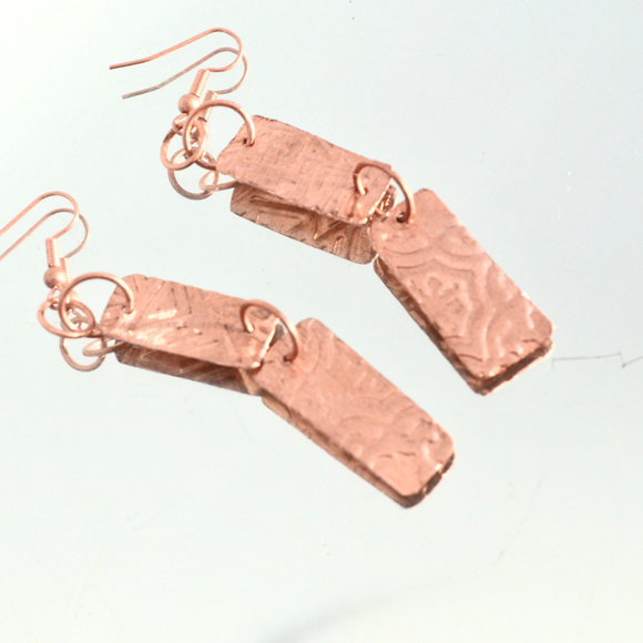 Long Embossed  Solid Copper Earrings Tribal Handmade Boho Artisan Rustic Gift - Picture 4 of 5